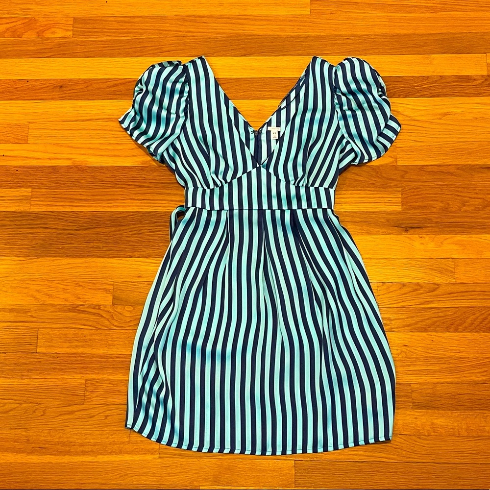 Teal and navy strip dress with puffed sleeves